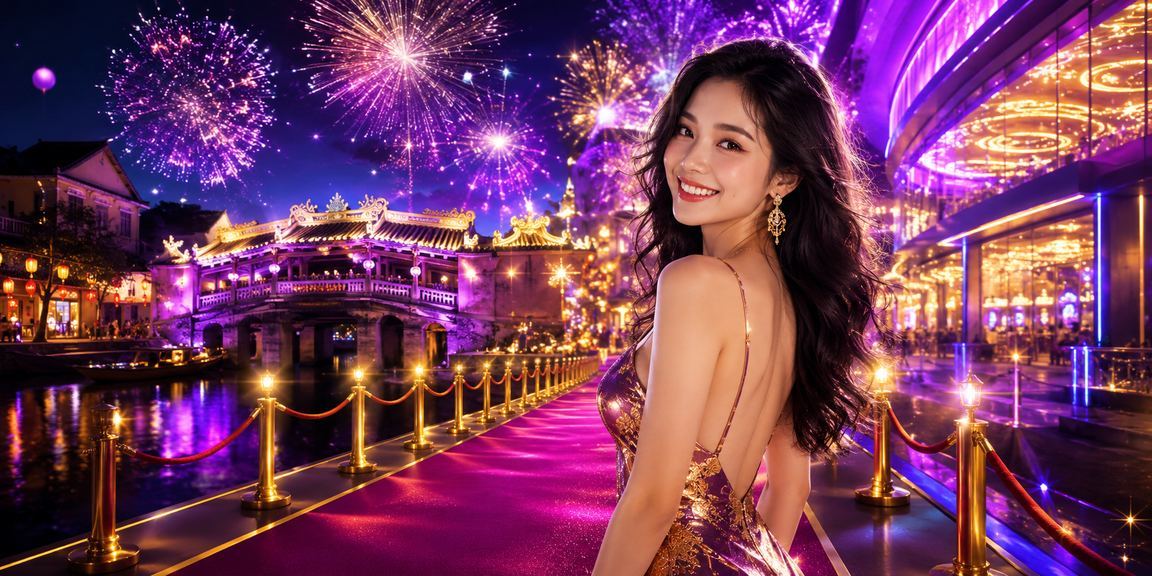 Người dùng tại Hội An trải nghiệm slot game trực tuyến trong không khí chợ đêm lung linh đèn lồng